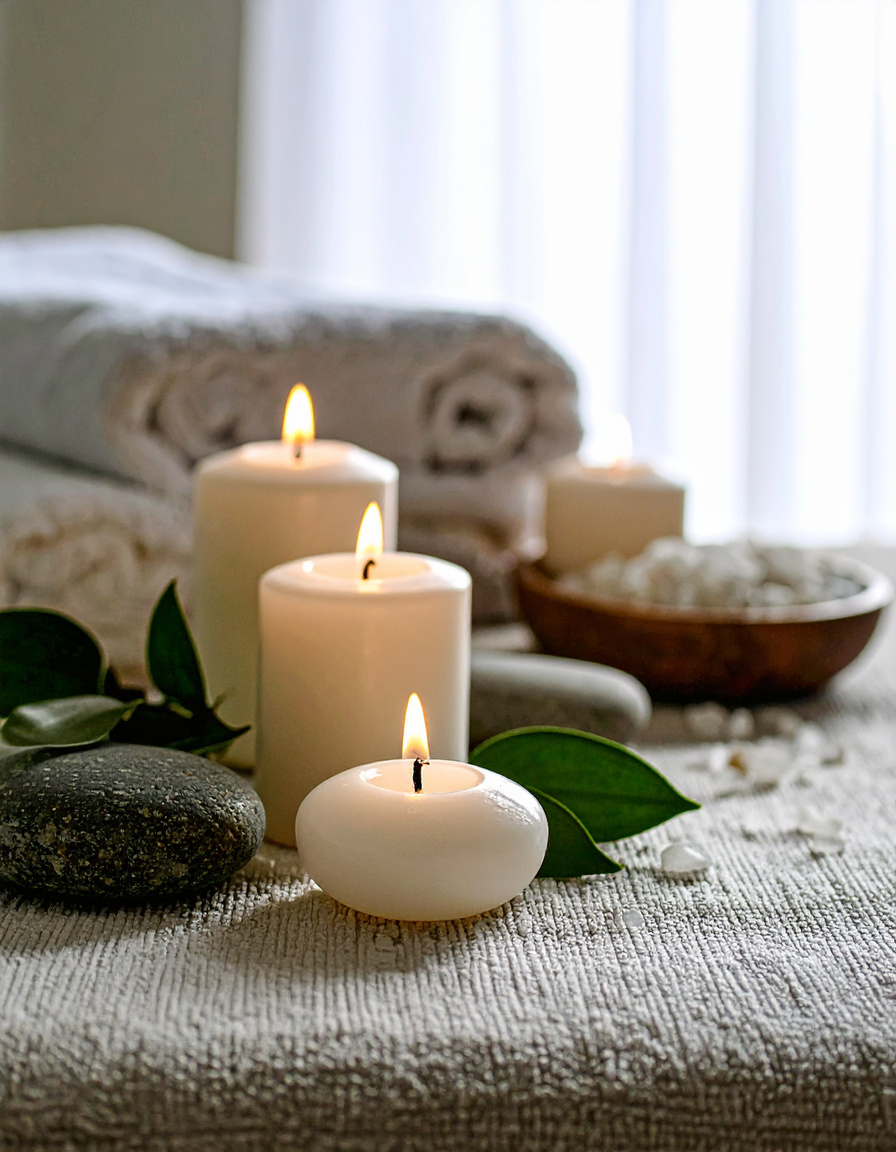 Spa river rocks and candles — relaxation atmosphere