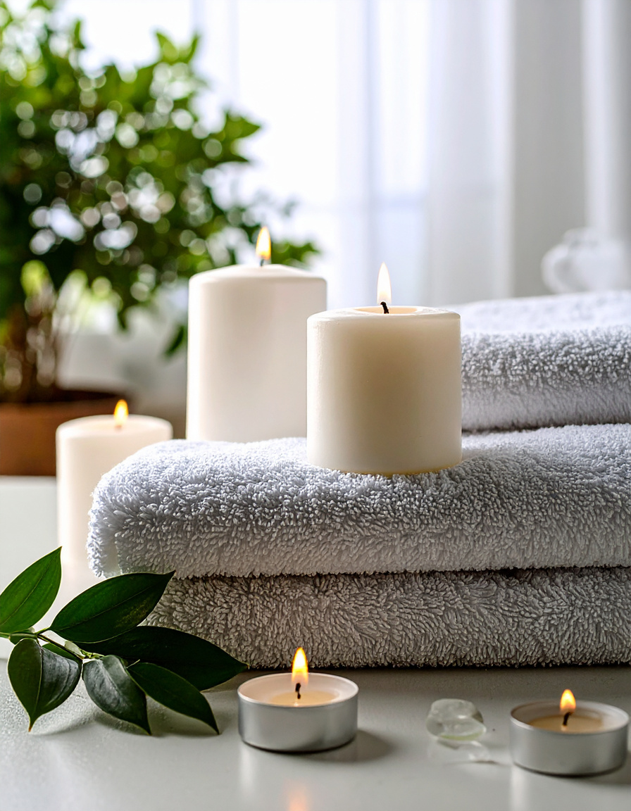Calming spa setting — candles and towels